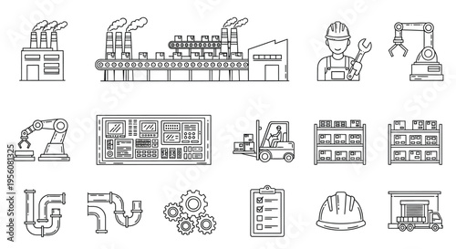 A collection of line art icons representing various aspects of industry, manufacturing, logistics, and factory operations, including workers, machinery, and infrastructure.