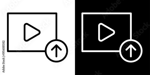 Video post icon with play button and upload arrow in outline style representing media upload, social sharing, content creation and streaming UI.