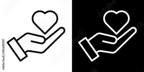 Emotional support icon in outline style showing hand holding heart, representing care, compassion, mental support, kindness, empathy and human connection.