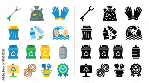Collection of environmental cleanup icons, including trash bags, gloves, recycling bins, and tools, presented in both color and silhouette.