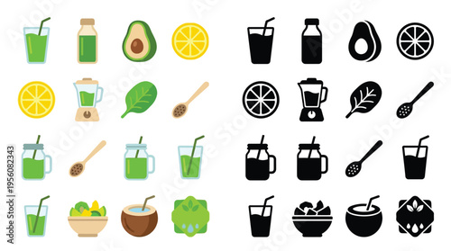 Collection of colorful and black and white icons representing healthy food and drinks, including fruits, vegetables, smoothies, and kitchen appliances.
