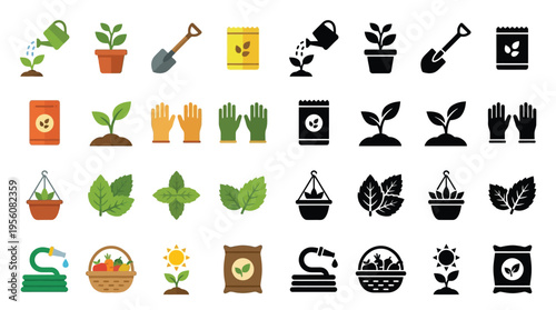 Collection of gardening icons representing various tools, plants, and supplies for cultivation and plant care.