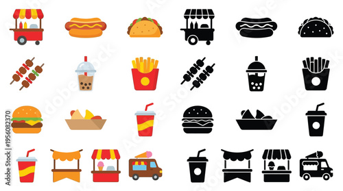 A collection of colorful and black and white icons representing various street food items and vendors, including hot dogs, tacos, burgers, fries, and drinks.