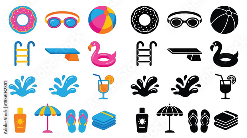 Collection of colorful and black and white icons representing summer pool activities and beach essentials, including inflatable toys, swimming gear, and relaxation items.