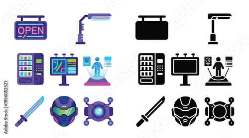 Collection of futuristic technology and sci-fi elements, including neon signs, streetlights, vending machines, holographic displays, and cybernetic gear.