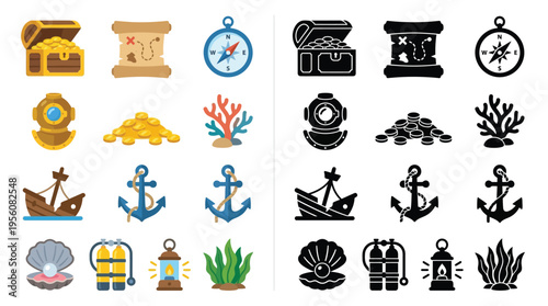 Collection of colorful and silhouette icons representing pirate treasure, nautical exploration, and underwater adventure elements.