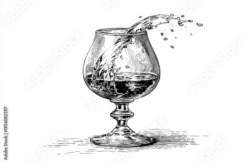 Black and White Vintage Engraving of Cocktail Glass with Liquid Splash Vector