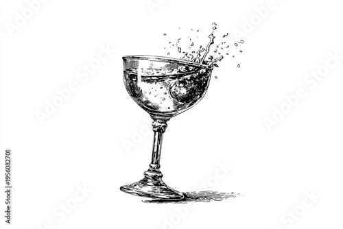 Black and White Vintage Engraving of Cocktail Glass with Liquid Splash Vector