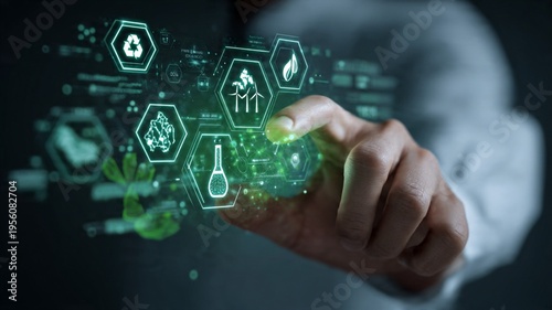 Hand interacting with futuristic digital interface displaying scientific icons