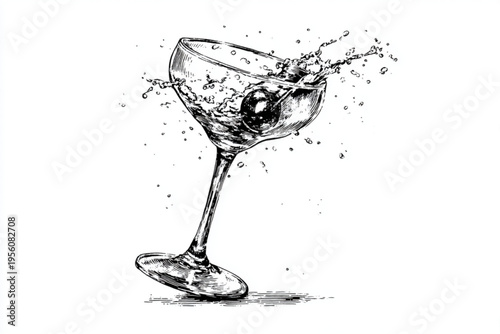 Black and White Vintage Engraving of Cocktail Glass with Liquid Splash Vector