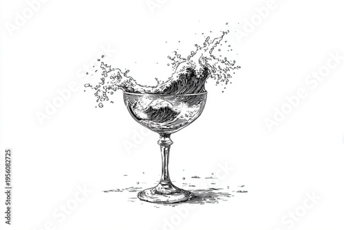Black and White Vintage Engraving of Cocktail Glass with Liquid Splash Vector