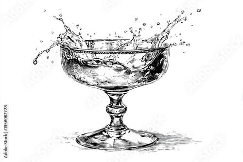 Black and White Vintage Engraving of Cocktail Glass with Liquid Splash Vector