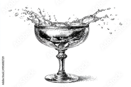 Black and White Vintage Engraving of Cocktail Glass with Liquid Splash Vector