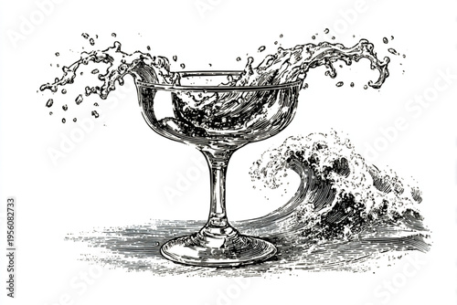 Black and White Vintage Engraving of Cocktail Glass with Liquid Splash Vector