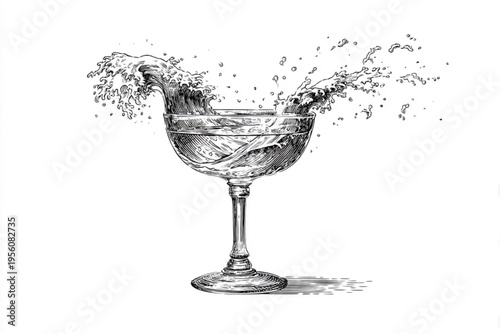 Black and White Vintage Engraving of Cocktail Glass with Liquid Splash Vector