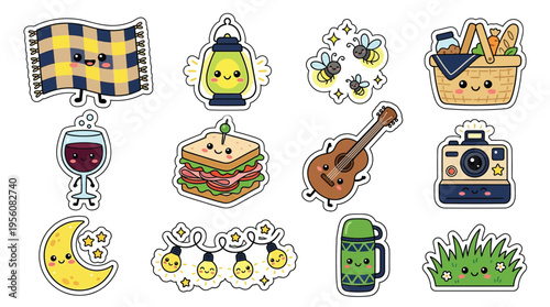 A charming collection of kawaii-style illustrations featuring picnic essentials and whimsical elements, perfect for sticker designs.