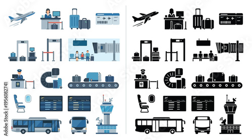 Collection of airport-related icons and illustrations, showcasing various aspects of air travel and airport operations.