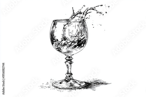 Black and White Vintage Engraving of Cocktail Glass with Liquid Splash Vector