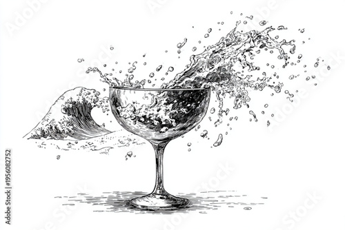 Black and White Vintage Engraving of Cocktail Glass with Liquid Splash Vector