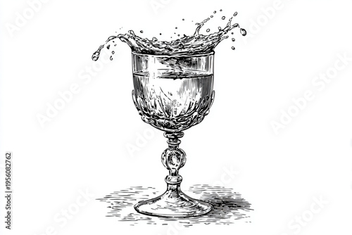 Black and White Vintage Engraving of Cocktail Glass with Liquid Splash Vector
