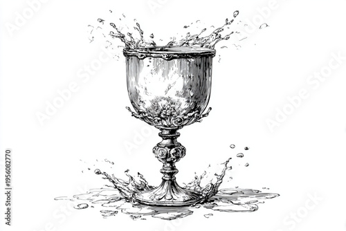 Black and White Vintage Engraving of Cocktail Glass with Liquid Splash Vector