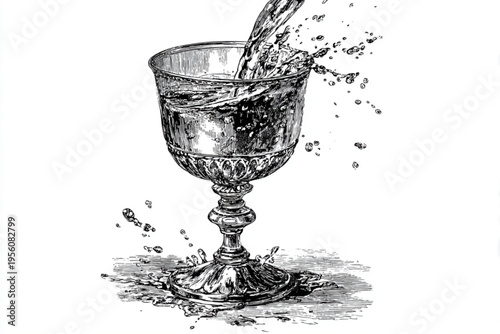 Black and White Vintage Engraving of Cocktail Glass with Liquid Splash Vector