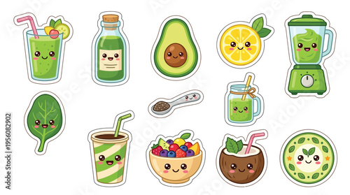 Kawaii-style illustrations of various healthy green drinks, fruits, and ingredients, including smoothies, avocado, lemon, coconut, and spinach, presented as stickers.