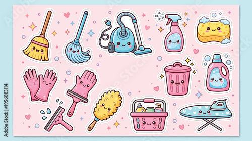 Kawaii Cleaning Supplies Collection: A Whimsical Assortment of Adorable Household Chores Tools.