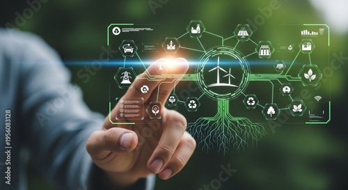Hand interacting with futuristic digital eco-friendly technology interface