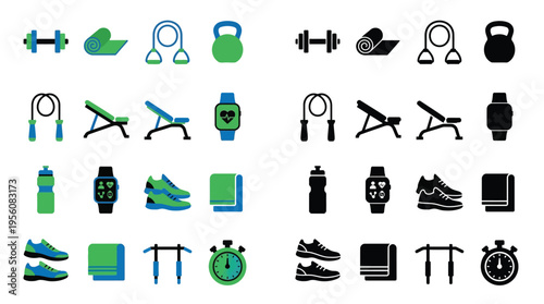 Collection of colorful and black and white fitness equipment icons, including dumbbells, yoga mats, jump ropes, kettlebells, water bottles, smartwatches, and more.