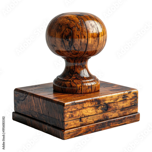 A detailed wooden stamp with a round handle, set against a black background
