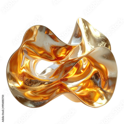 Metallic golden, fluid, amorphous sculpture isolated against black