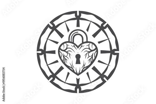 Monochrome vector illustration of a heart enclosed within a circle and secured by a padlock, representing safety and commitment.