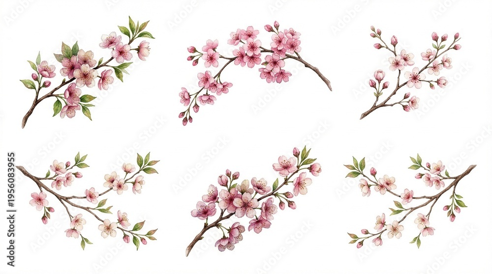 Fototapeta premium Set of 6 Delicate Pink Cherry Blossom Branches Vector Illustrations with Green Leaves for Spring Design