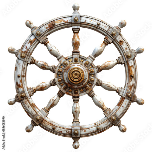 Ornate, weathered ship's helm, with brass accents, against a black backdrop