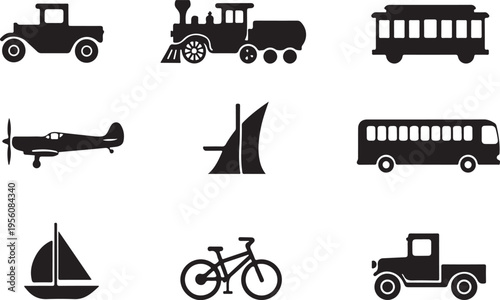 A collection of various black transportation icons representing different modes of travel and transit