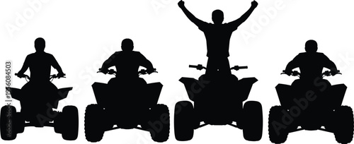 ATV rider silhouette collection set, quad bike driving and celebrating poses, extreme sport vector illustration pack