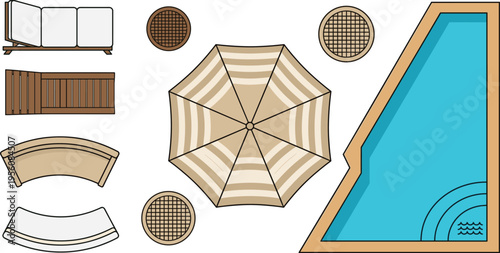 Beach resort furniture collection set, poolside umbrella chairs sofa and deck elements, summer vacation vector illustration pack