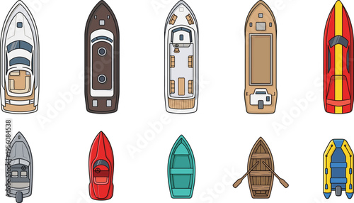 Boat top view collection set, various motorboats yachts kayaks and dinghy designs, marine transport vector illustration pack