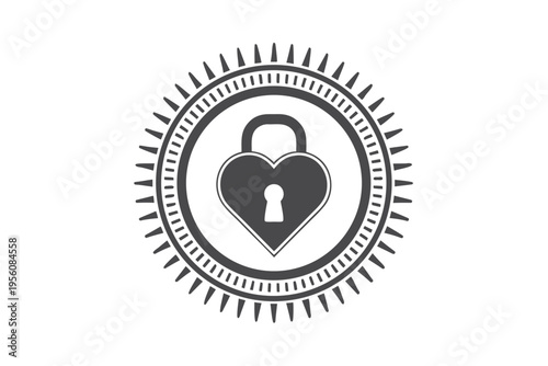 Monochrome vector art depicting a heart within a circle, guarded by a padlock, signifying security and deep affection.