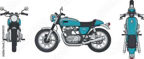 Classic motorcycle top side front view set, vintage cafe racer motorbike design, transport vehicle vector illustration pack