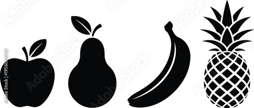 Fruit silhouette collection set, apple pear banana and pineapple icons, healthy food vector illustration pack design