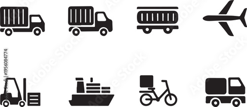 A collection of black silhouette icons representing various modes of transportation and logistics
