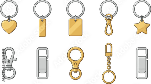 Keychain and keyring collection set, metal clips hooks and tags accessories, everyday object vector illustration pack