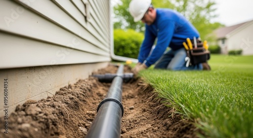 Man installing underground drainage pipe beside house foundation outdoors