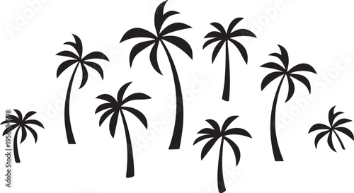 A collection of black palm tree silhouettes arranged in a group against a plain white background