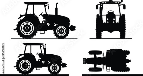 Tractor silhouette collection set, agricultural farm vehicle in multiple views, farming machinery vector illustration pack