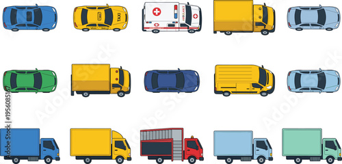 Urban transport vehicle collection, cars vans trucks taxi ambulance top view, city traffic transport set vector illustration pack
