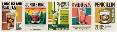 Vintage cocktail ads in retro style. Each poster features a unique drink with bold text. Colors pop against textured backgrounds. Ideal for design, branding, or beverage marketing