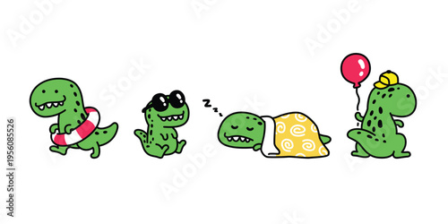 dinosaur vector cartoon icon t-rex Tyrannosaurus rex character doodle mascot walking sleeping swimming ring inflatable balloon logo illustration isolated design